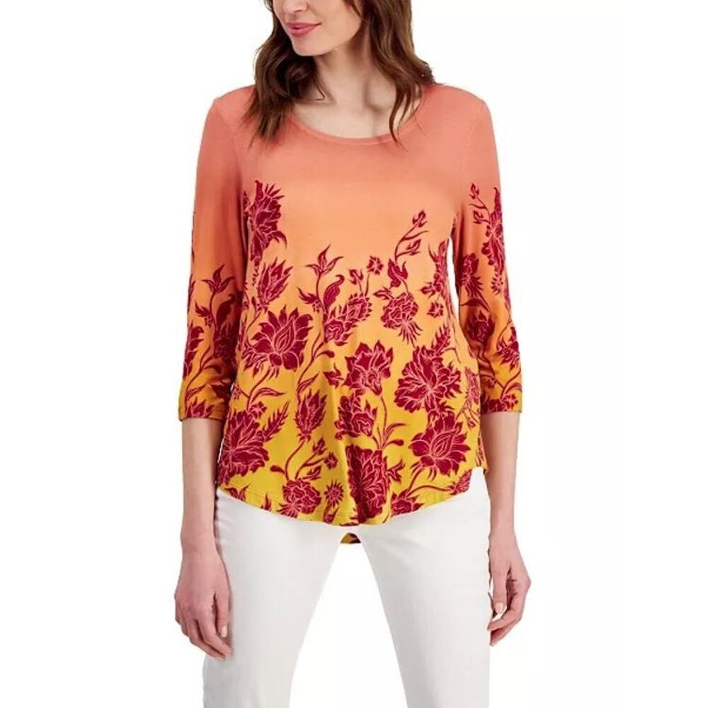JM Collection Women's Scoop Neck Printed 3/4‎ Sleeve Top in Burnt Brick 2XL $35